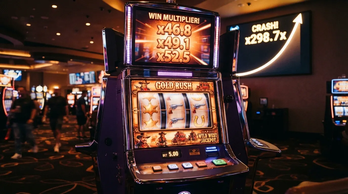 A collage of slot-title artwork — a Wild West-themed reel set, a futuristic crypto vault grid, and a crash-game multiplier curve climbing toward a bust point