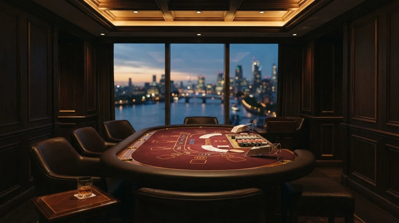 The Sovereign Room's private high-limit gaming salon with baccarat tables, opulent interiors and river views through floor-to-ceiling windows