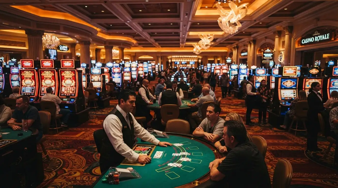 The Star Brisbane main gaming floor with rows of table games and electronic gaming machines under feature lighting