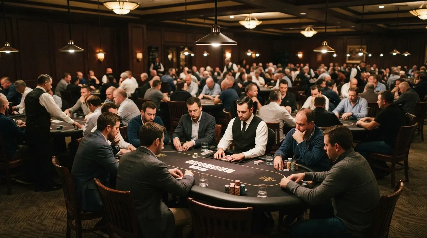 The Star Poker room with professionally dealt tables set for a tournament session
