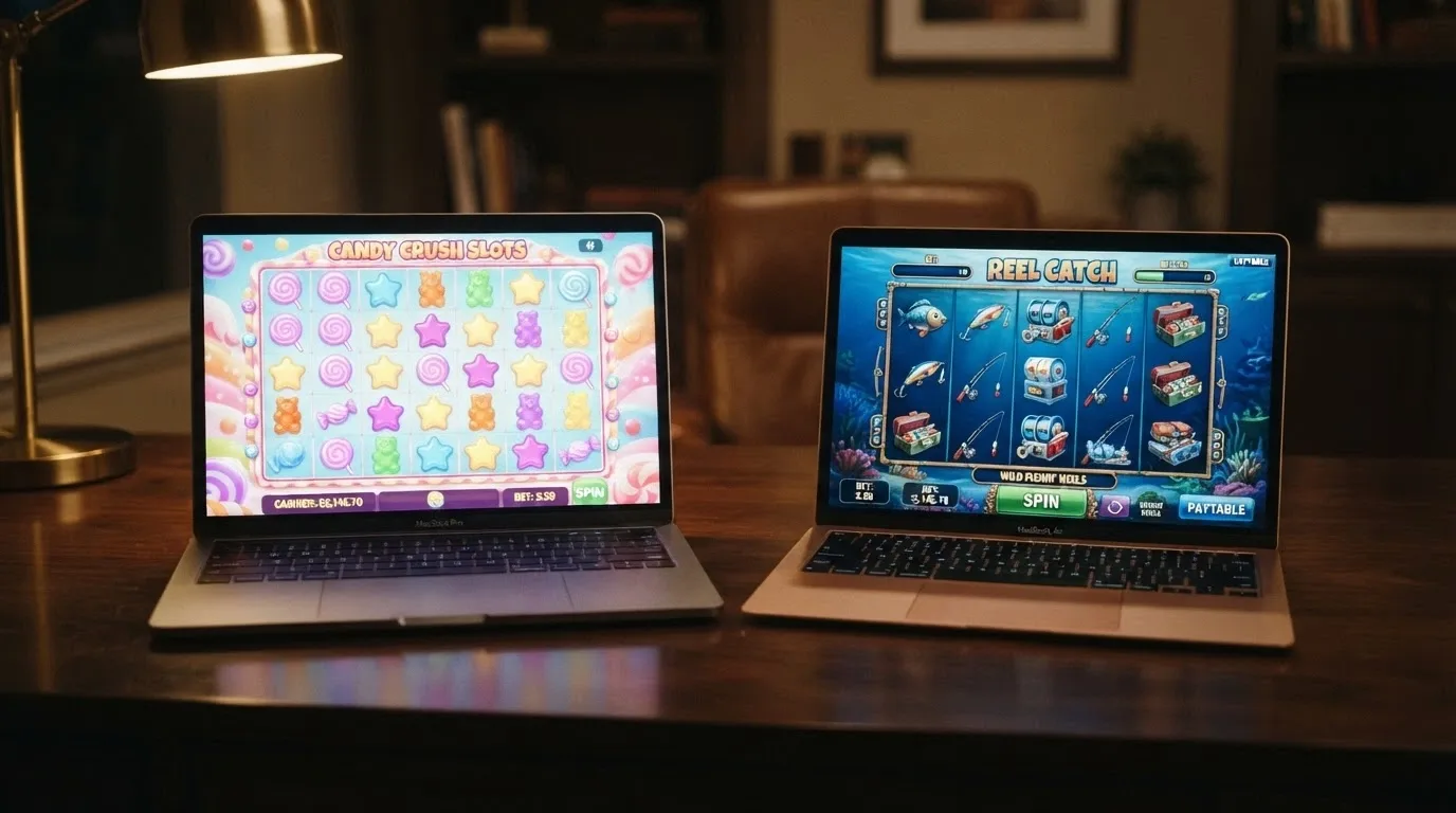 Two popular online pokie game screens side by side — Sweet Bonanza with its colourful candy-themed grid and Big Bass Bonanza with its fishing-themed reels