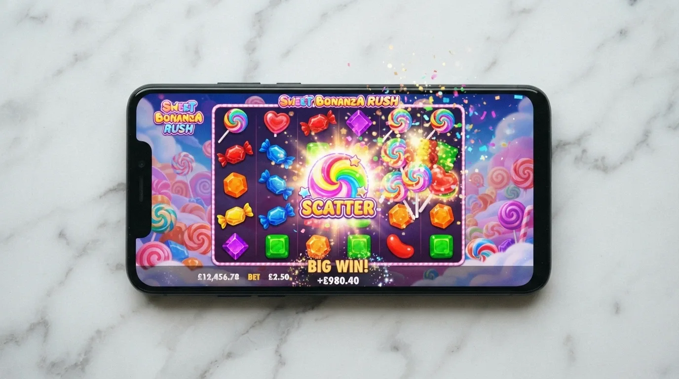 The Sweet Bonanza 6×5 candy-themed grid showing a multi-symbol scatter win