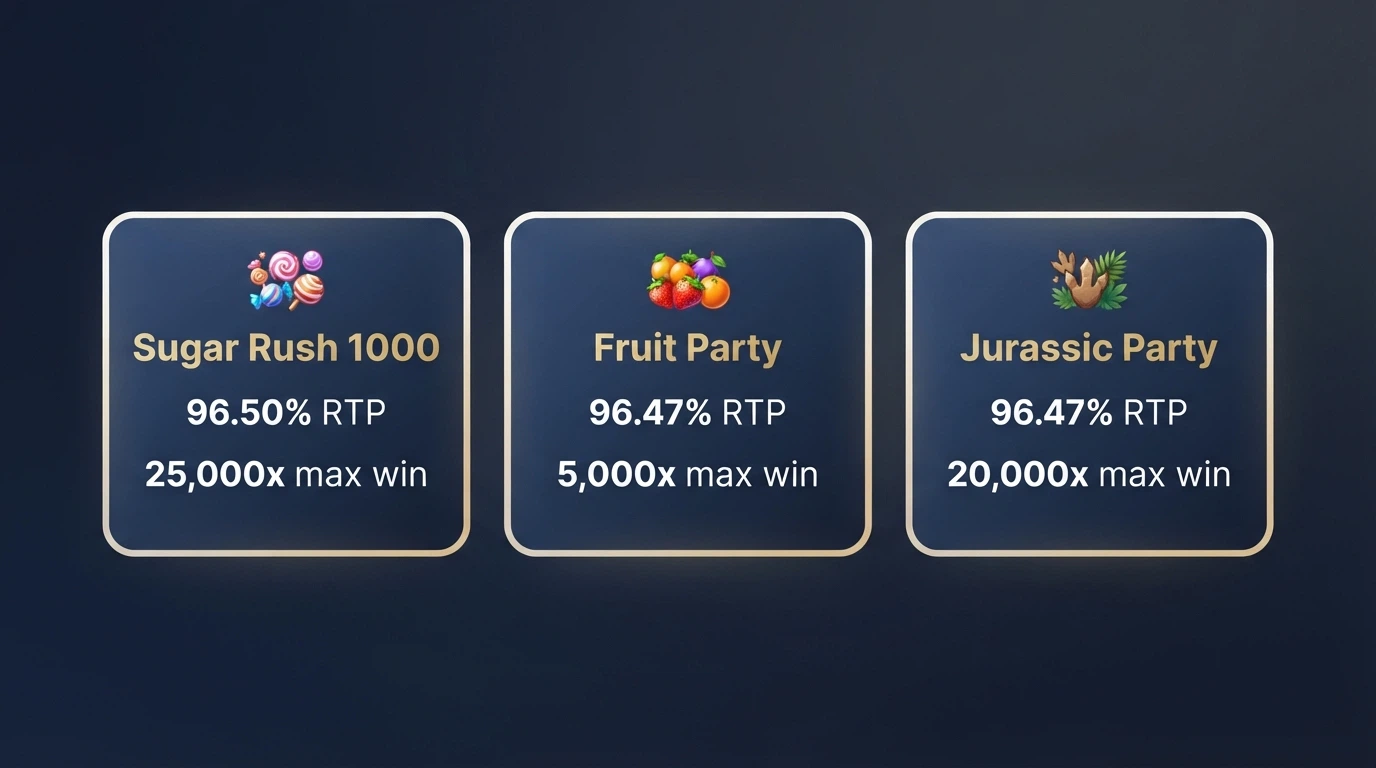 Side-by-side cards of three 7-reel slot titles showing RTP and max-win figures