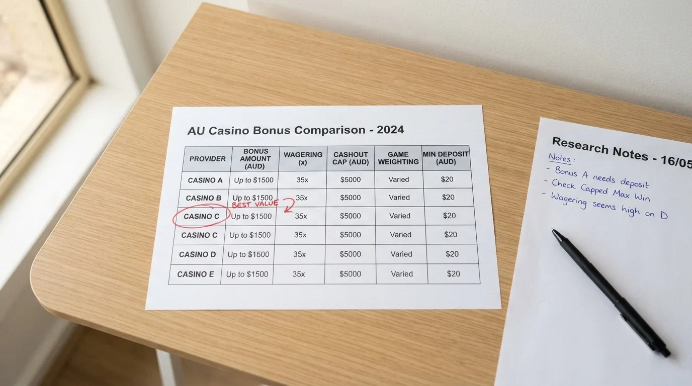 A comparison-table layout on screen showing operator names, bonus offers and wagering terms, with one row highlighted