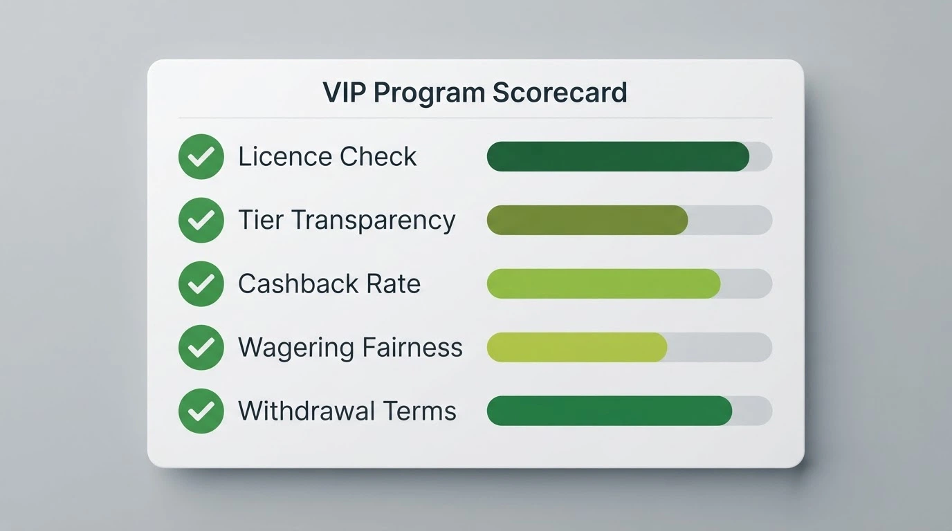 A checklist or scorecard showing evaluation criteria — licence check, tier transparency, cashback rate, wagering fairness and withdrawal terms