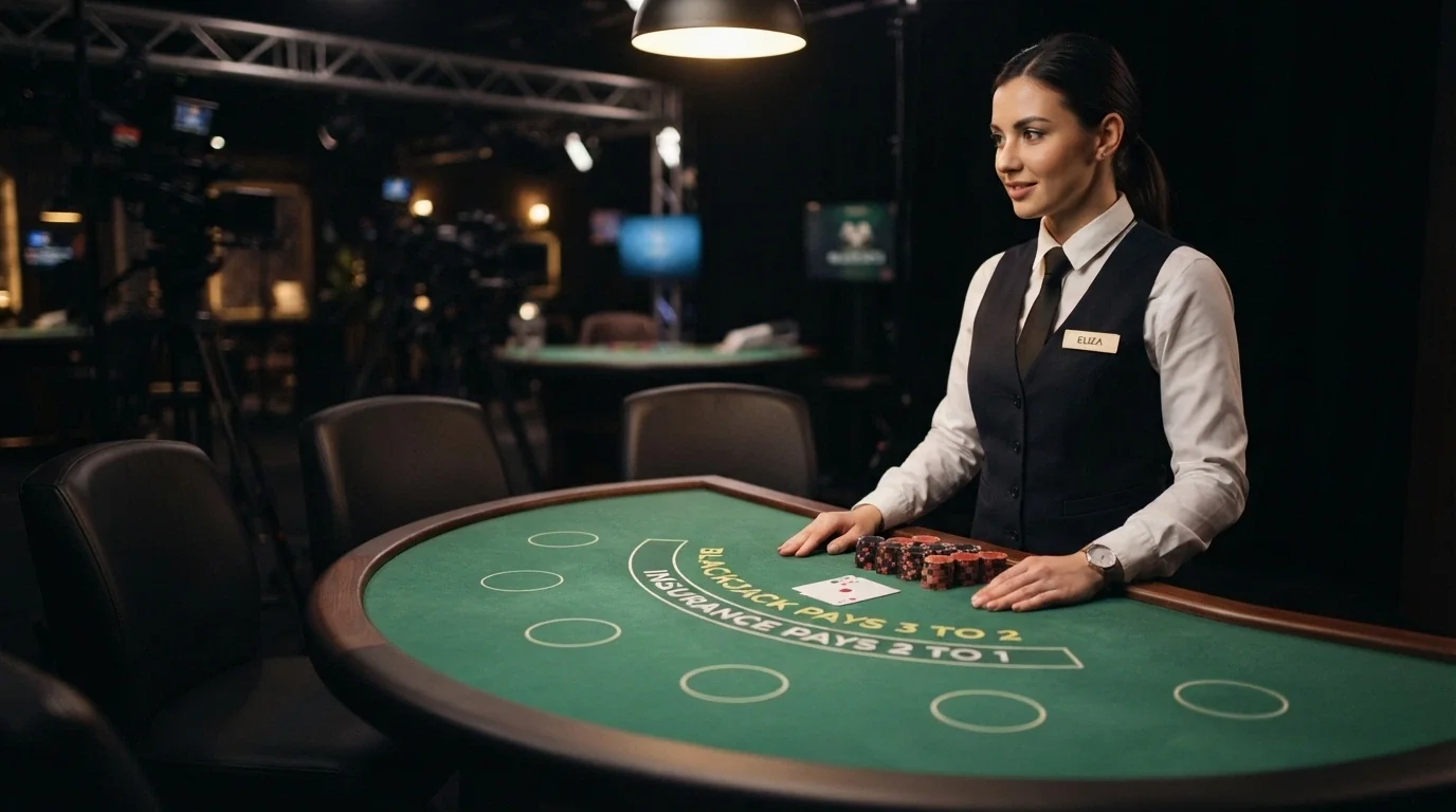 A live dealer at a casino table facing camera with a professional studio setup and empty player seats