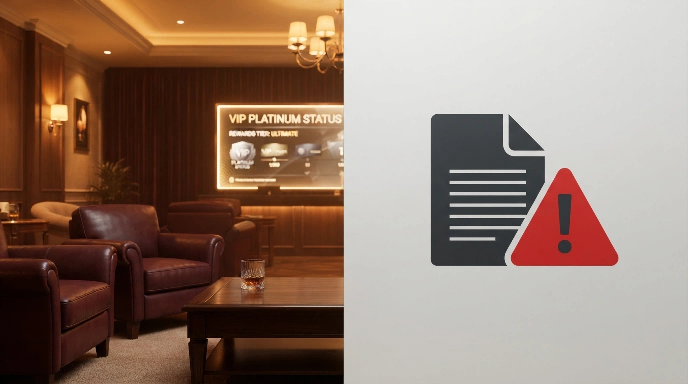 A split-frame image: one side a glowing VIP lounge, the other a warning sign with a document icon representing terms and conditions