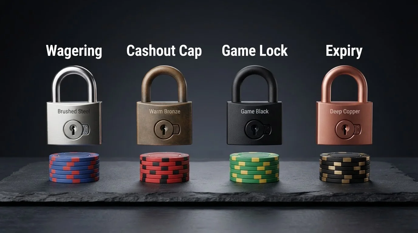 Four padlock icons labelled Wagering, Cashout Cap, Game Lock, and Expiry, each sitting on a stack of AU coins