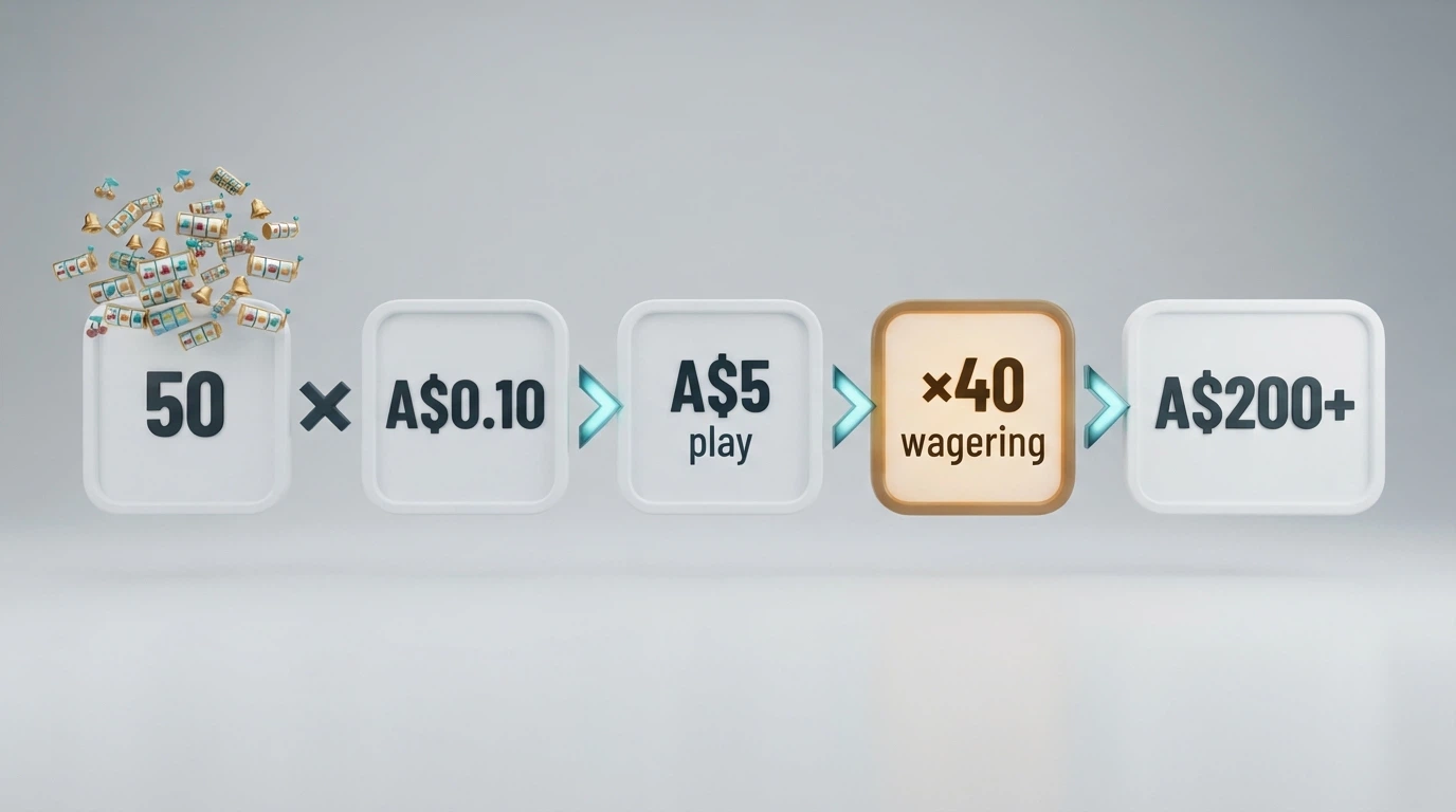 A simple visual equation: 50 spins × A$0.10 stake → A$5 play → potential win → ×40 wagering → A$200+ turnover requirement
