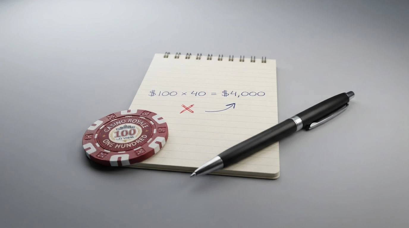 A calculator, a casino chip and a notepad showing the arithmetic: “$100 bonus × 40x = $4,000 turnover required” with a red cross through a withdrawal button
