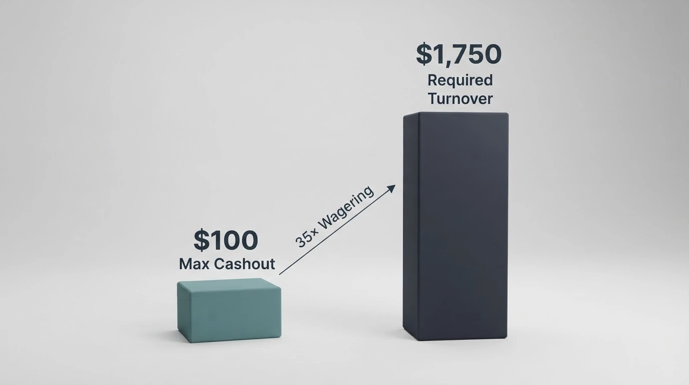 A simple visual breakdown showing a “$100 max cashout” box dwarfed by a much larger “Required Turnover” bar illustrating the wagering multiple