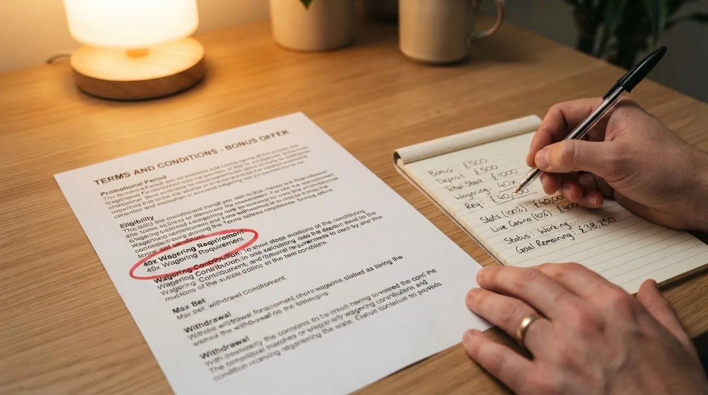 A desk with a printed bonus terms sheet, a 40x wagering clause circled in red, and a calculator showing a four-figure turnover amount
