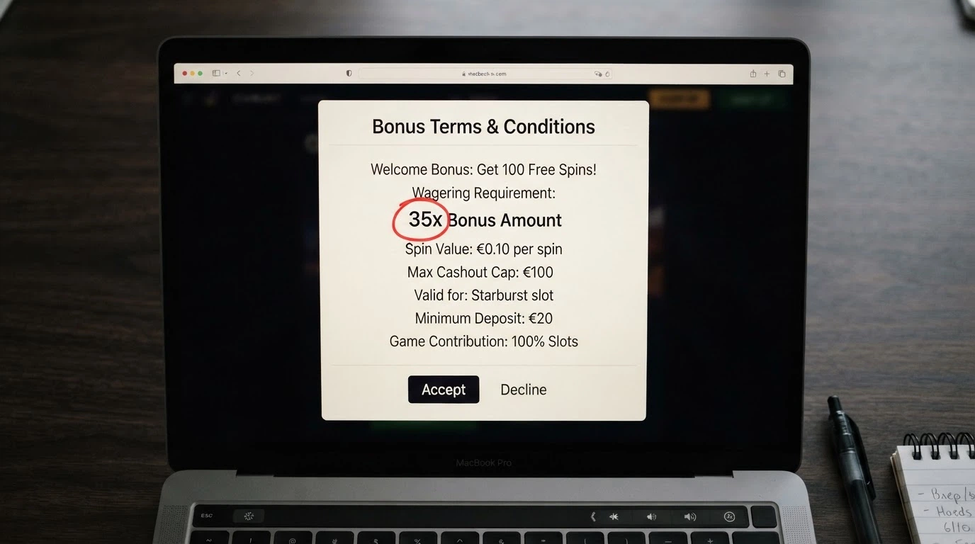 A close-up of a bonus terms popup on a casino website, with the wagering requirement figure circled in red