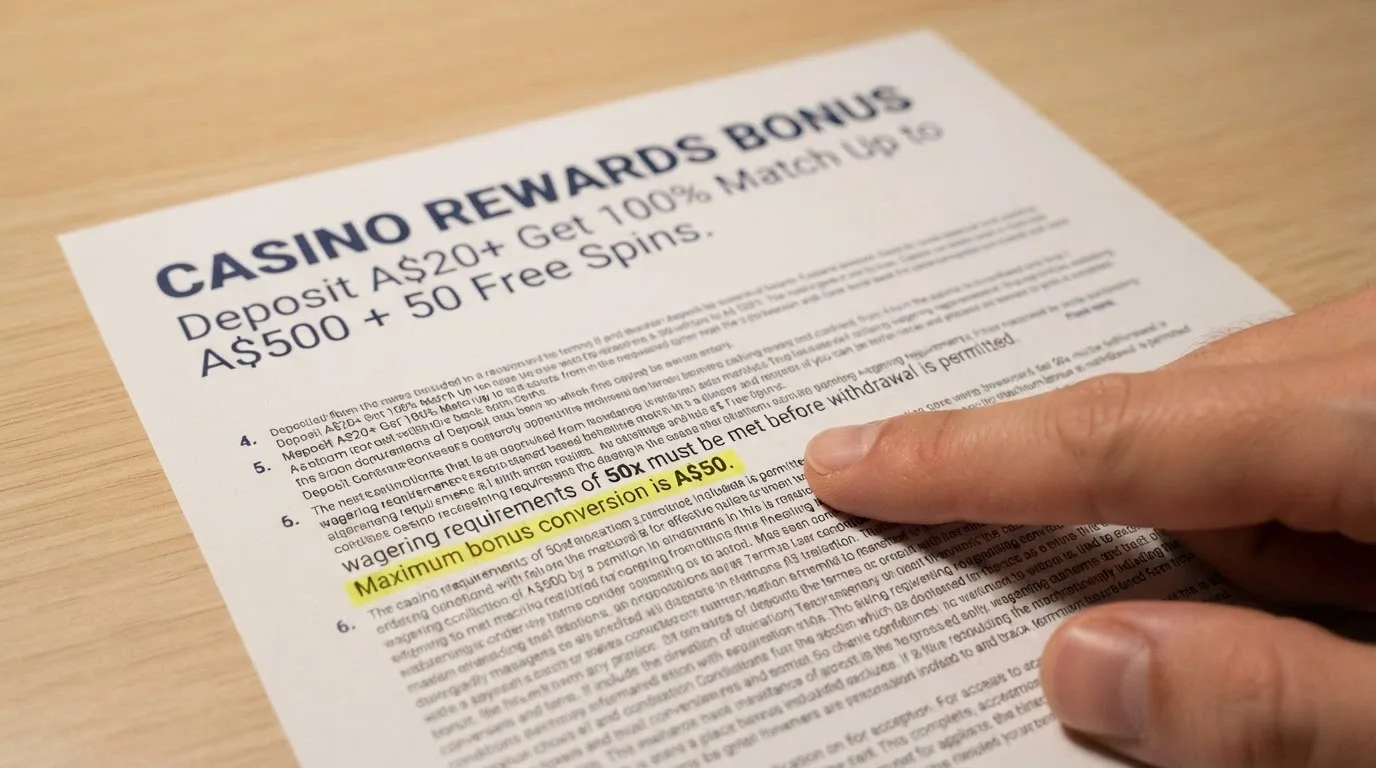 A close-up of bonus terms and conditions fine print on a casino promotions page, with the wagering multiple and cashout cap figures highlighted