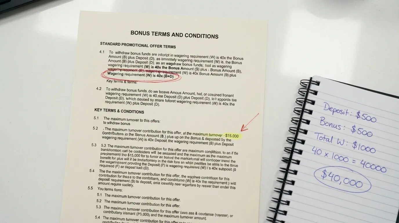 A close-up of bonus terms and conditions text with the wagering multiple and turnover figure highlighted, a calculator beside it showing the dollar turnover required