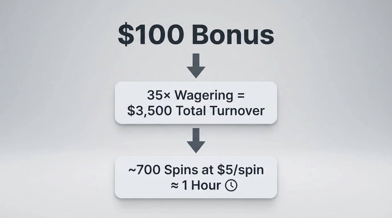 A simple diagram breaking down a $100 bonus with 35× wagering into the total turnover of $3,500 and the estimated 700 spins to clear at $5 per spin
