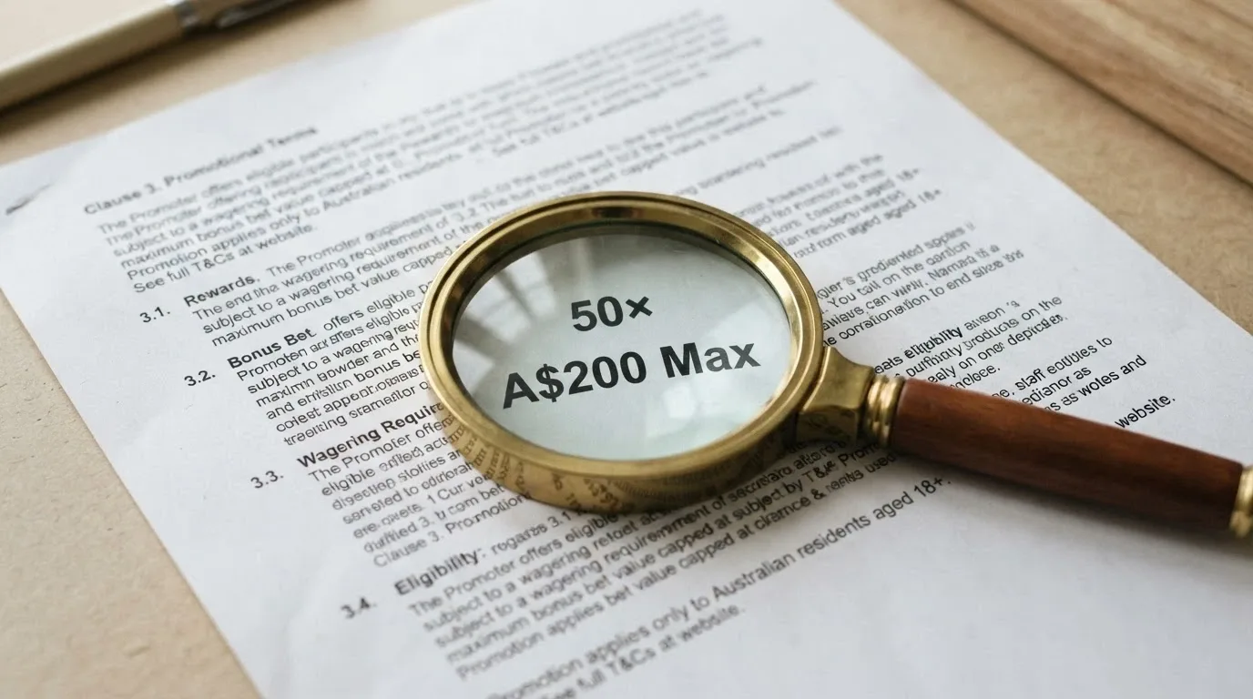 A close-up of bonus terms and conditions text with a magnifying glass highlighting the wagering multiplier and cashout cap clauses