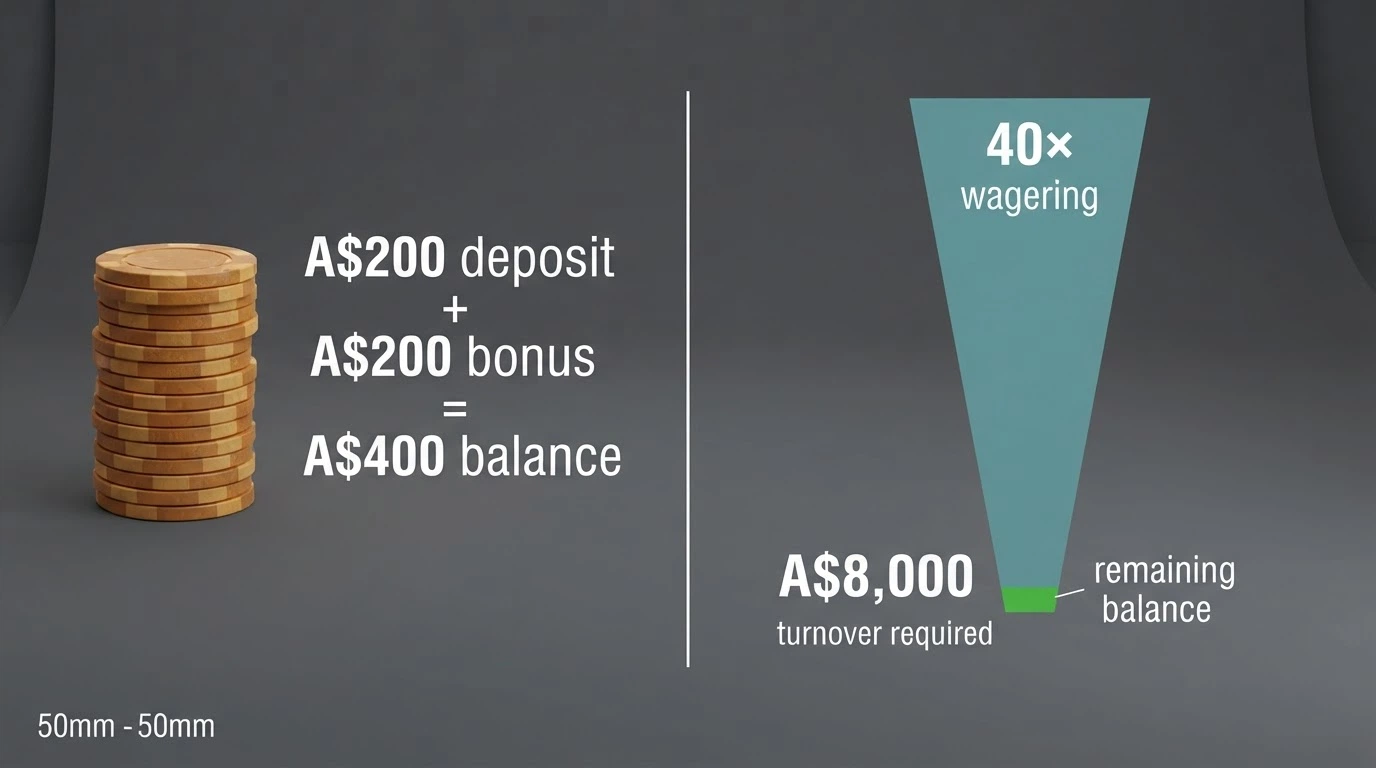 A split visual: one side showing a $200 deposit match offer, the other showing the same $200 with a 40x = $8,000 turnover label and a small remaining balance after wagering