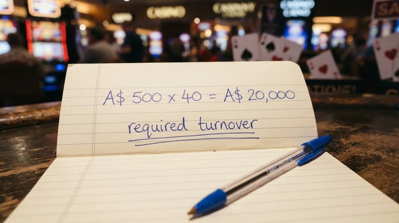 A close-up of a notepad or calculator display showing a simple multiplication: A$500 × 40 = A$20,000, with the words “required turnover” underlined, against a blurred background of casino game tiles.