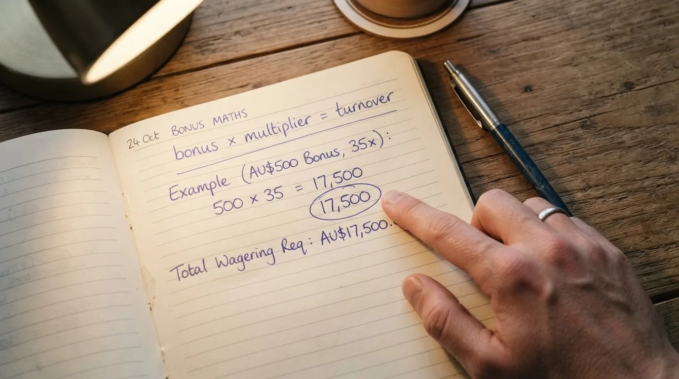A close-up of a notebook page showing the wagering formula handwritten: bonus × multiplier = turnover, with a calculator beside it displaying a four-figure number