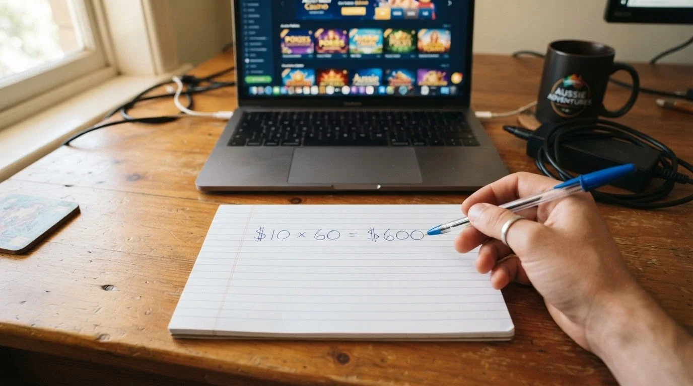 A close-up of a calculator next to a notepad showing “$10 × 60x = $600” written by hand, with a casino interface blurred in the background