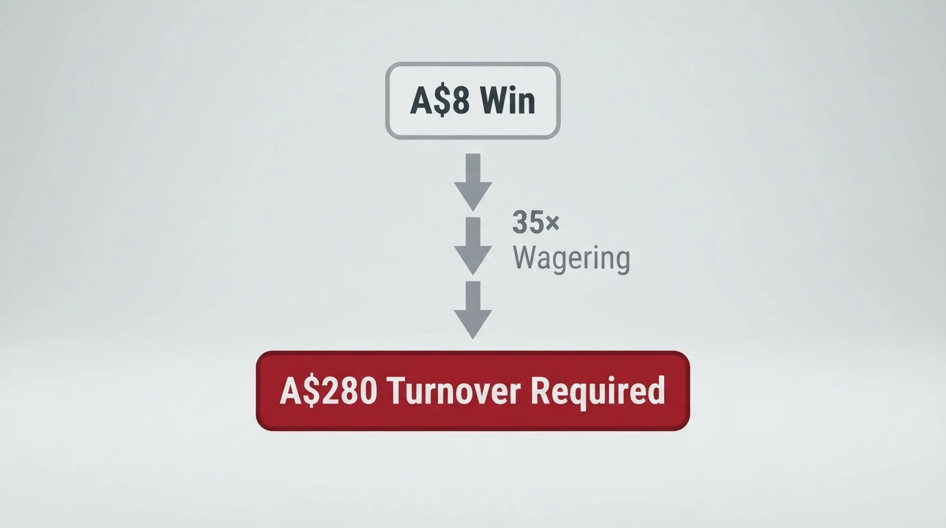 A simple visual showing a small A$8 win figure being multiplied through successive arrows to reach the A$280 turnover required at 35× wagering