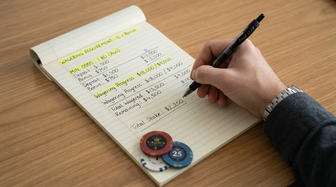 A calculator, a printed bonus-terms sheet with wagering clauses highlighted, and a small stack of poker chips partially pushed aside
