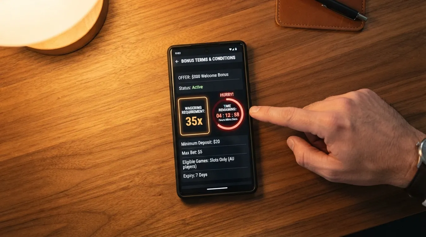 A mock bonus-terms pop-up with highlighted sections showing wagering requirements and a countdown clock