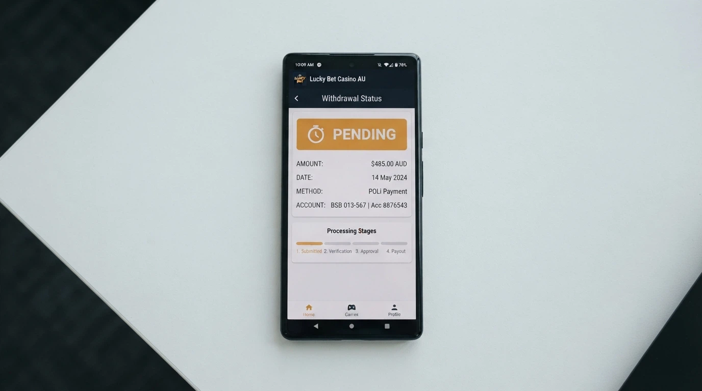 A smartphone showing a casino withdrawal screen with a “Pending” status badge and a clock icon, the amount displayed in Australian dollars, a progress bar stuck at the first stage